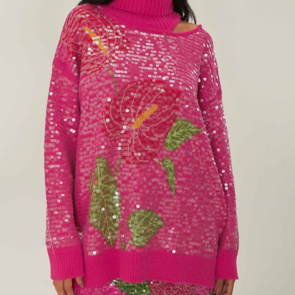 FARM Rio Anthurium Floral Turtleneck  sequin Sweater